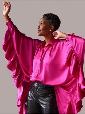 Live 4 Truth Hot Pink Satin Ruffle Cape Sleeve Blouse